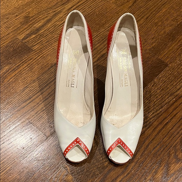 Bruno Magli Shoes - Bruno Magli White and Red Peep Vintage Toe Heels
